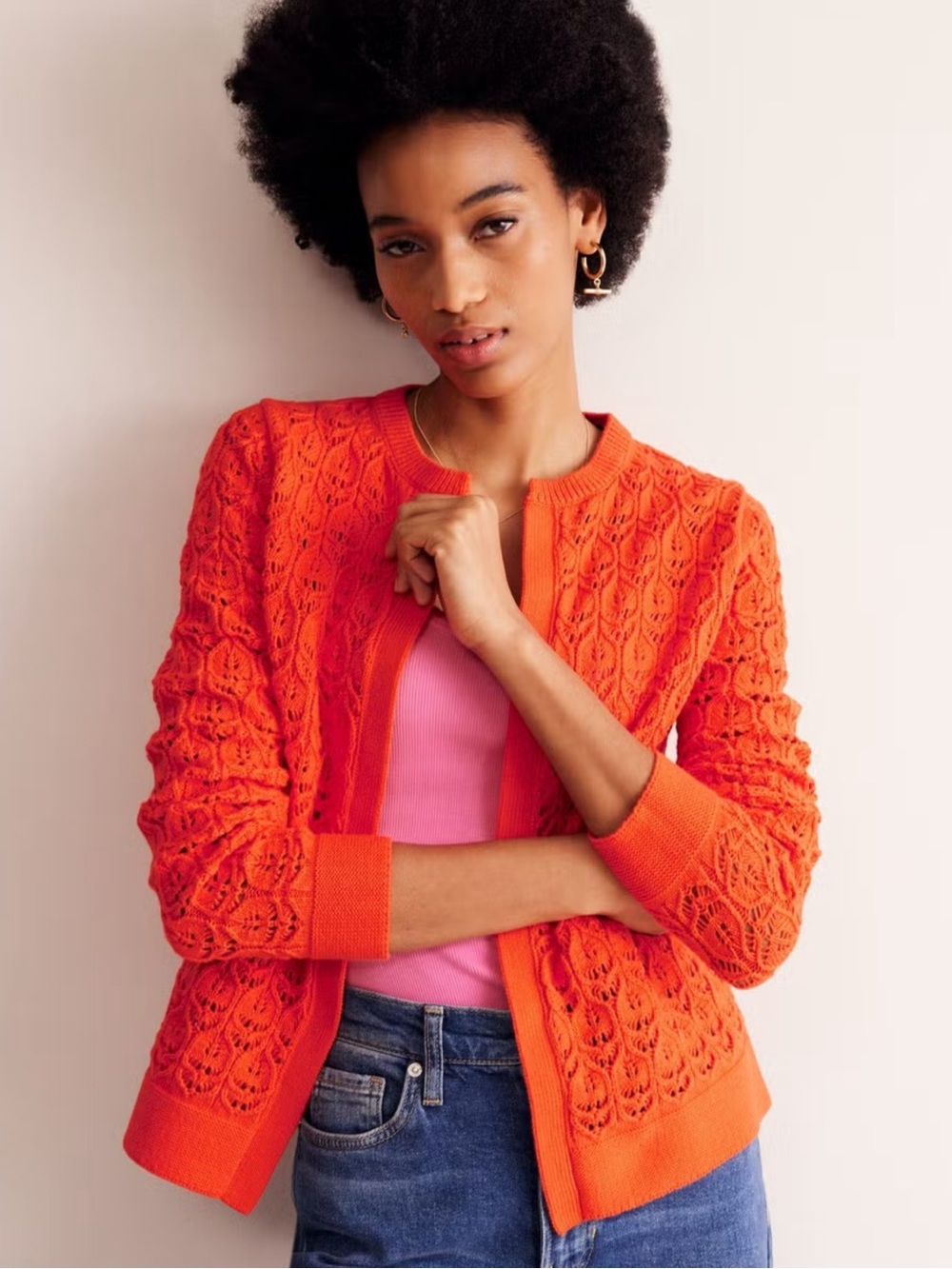 Boden Orange Crochet Open-Front Sweater Cardigan
